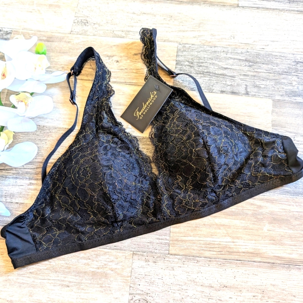 Frederick's of Hollywood black and gold amber rose bra bralette M NWT